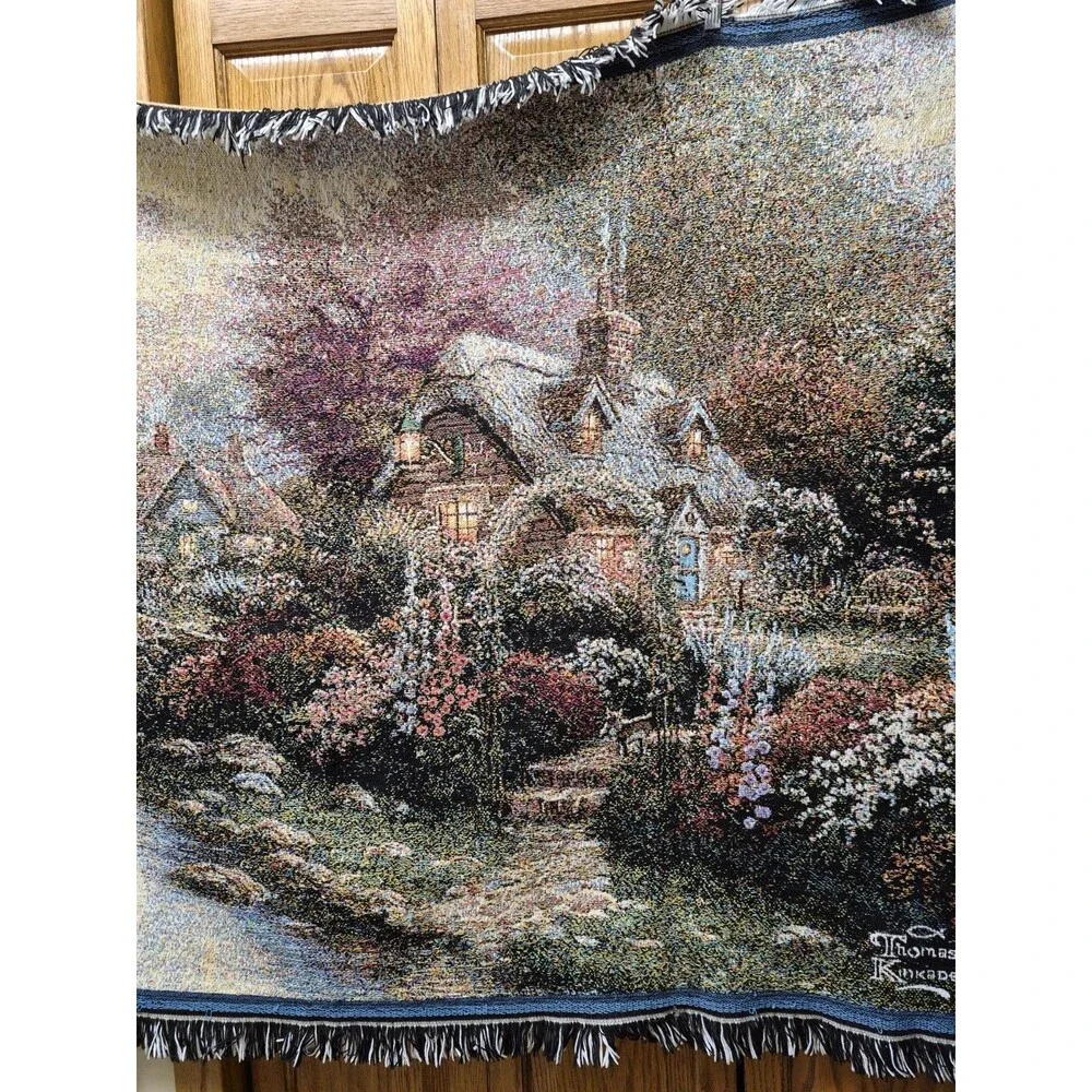 Vintage THOMAS KINKADE PAINTER OF LIGHT AFGHAN TAPESTRY THROW 66